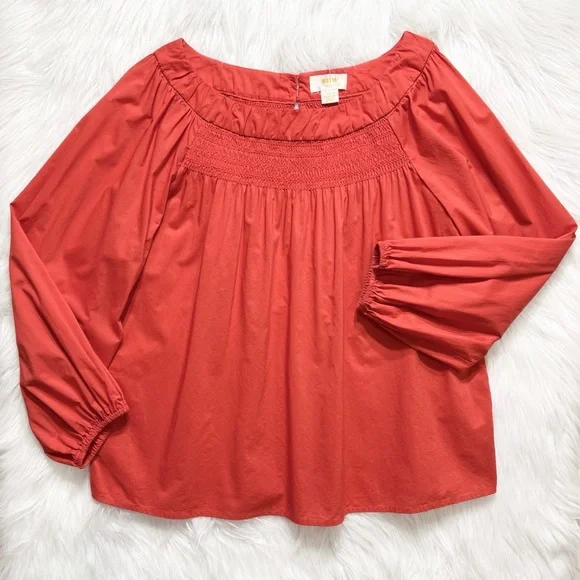 SOLD-Anthropologie Smocked Embroidered Coral Red Peasant Blouse - Picture 7 of 9